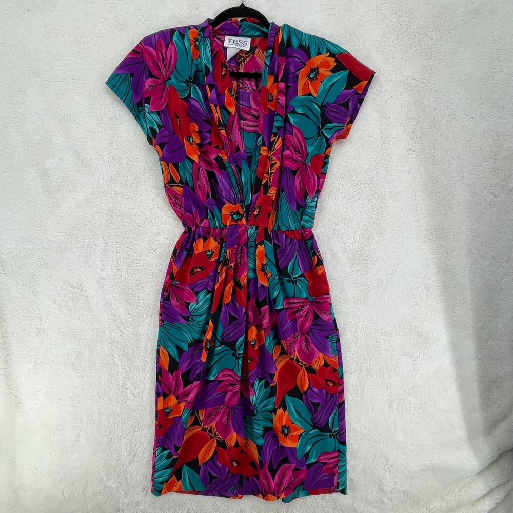 Vintage Tess Dress Floral Short Sleeve Midi Dress Elastic Waist Pockets Sz 6 80s